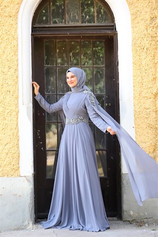 Kadın Çapraz Pile Detaylı Pelerin Kol Tesettür Abiye Elbise