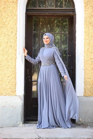 Kadın Çapraz Pile Detaylı Pelerin Kol Tesettür Abiye Elbise