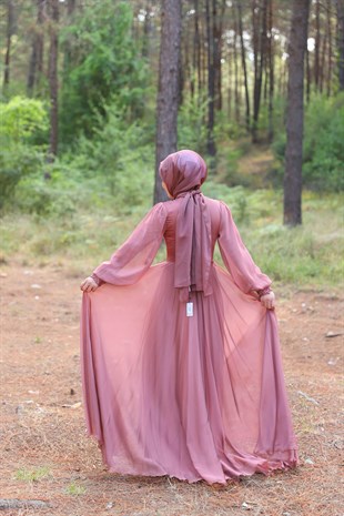 Kadın Gri Janjan Kumaş İşlemeli Tesettür Abiye Elbise