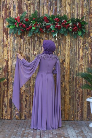 Kadın Kiremit Pelerinli Tesettür Abiye Elbise