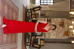 Kadın Kırmızı Bel Detaylı V Yaka Saten Doku Abiye Elbise