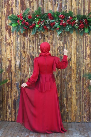 Kadın Kırmızı İşleme Detaylı Tesettür Abiye Elbise