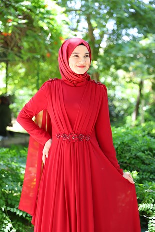 Kadın Kırmızı Pelerinli Şifon Tesettür Abiye Elbise