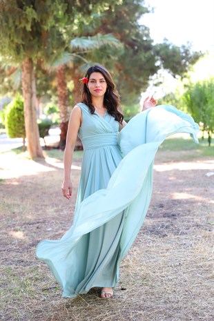 Kadın Kurvaze Sıfır Kol Şifon Uzun Abiye Elbise