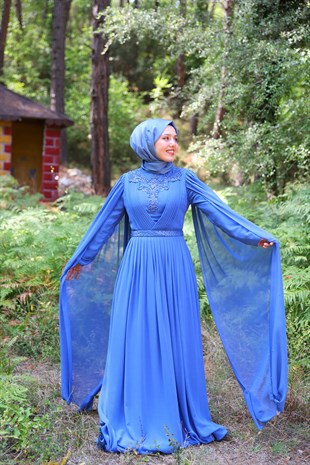 Kadın Mavi İnci Pelerin Detaylı Tesettür Abiye Elbise