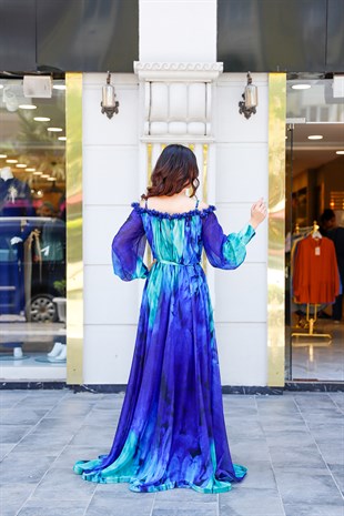 Kadın Mavi Kuşak Detaylı Düşük Kollu Abiye Elbise