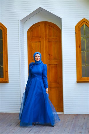 Kadın Omuz Detaylı Tüllü Tesettür Abiye Elbise