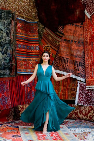 Kadın Önü Fırfır Detaylı Janjan Kumaş Abiye Elbise