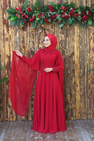 Kadın Pelerin Detaylı Tesettür Abiye Elbise