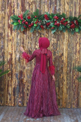Kadın Pembe Kol Tüy Detaylı Tesettür Abiye Elbise