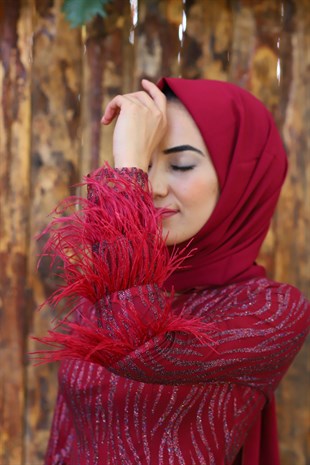 Kadın Pembe Kol Tüy Detaylı Tesettür Abiye Elbise