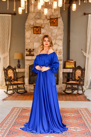 Kadın Saks Mavisi İp Askılı Saten Doku Abiye Elbise