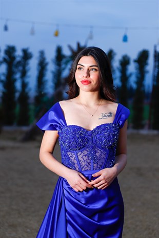 Kadın Saks Mavisi Saten Doku İşlemeli Korse Detaylı Abiye Elbise