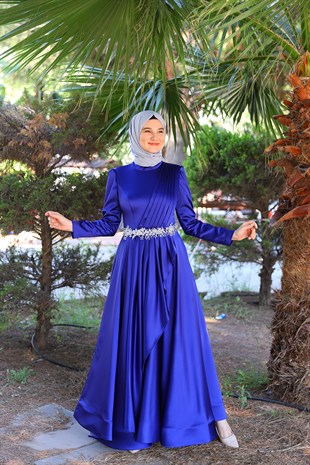Kadın Saten Doku Kemer Detaylı Tesettür  Abiye Elbise