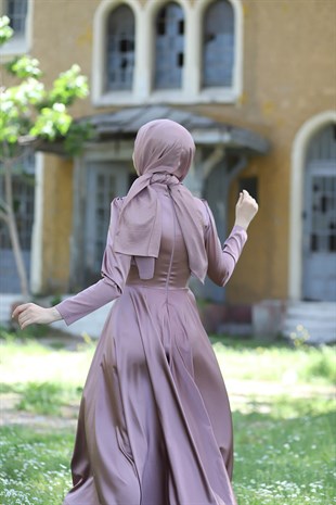 Kadın Saten Doku Kemer Detaylı Tesettür  Abiye Elbise