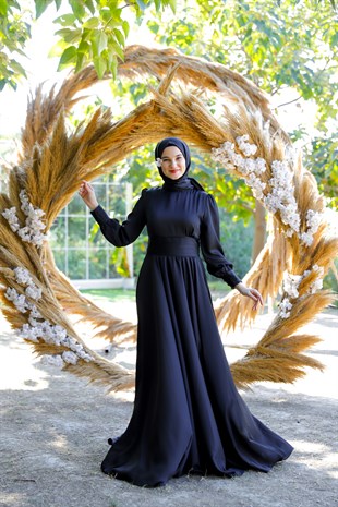 Kadın Saten Kuşak Detaylı Tesettür Abiye Elbise