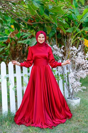 Kadın Saten Kuşak Detaylı Tesettür Abiye Elbise
