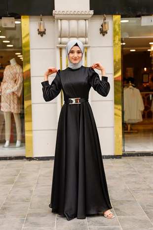 Kadın Saten Önü Drape Detaylı Kemerli Tesettür Abiye Elbise