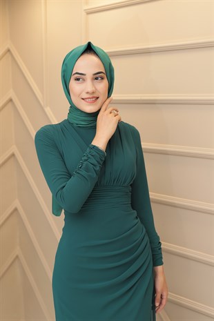 Kadın Şifon Dokulu Drapeli Manşeti Düğme Detaylı Tesettür Abiye Elbise