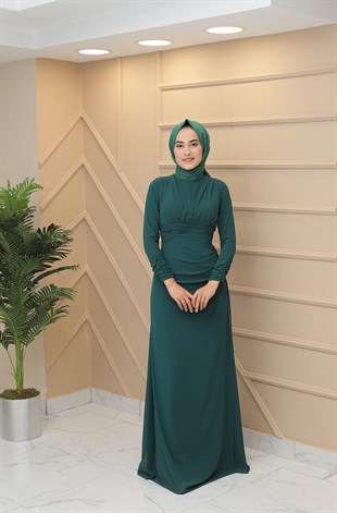 Kadın Şifon Dokulu Drapeli Manşeti Düğme Detaylı Tesettür Abiye Elbise
