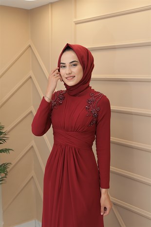 Kadın Şifon Dokulu Omzu İşleme Detaylı Tesettür Abiye Elbise