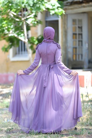 Kadın Taş İşlemeli Etek Kat Detaylı Tesettür Abiye Elbise
