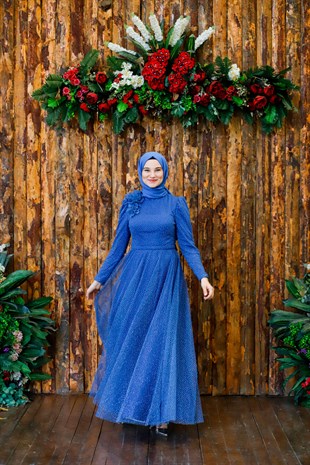 Kadın Tomurcuk Detaylı Işıltılı Tesettür Abiye Elbise