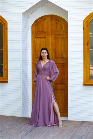 Kadın Uzun Kol Üstü Işıltılı Şifon Kumaş Abiye Elbise