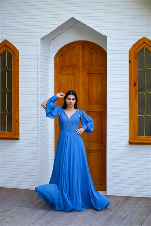 Kadın Uzun Kol Üstü Işıltılı Şifon Kumaş Abiye Elbise