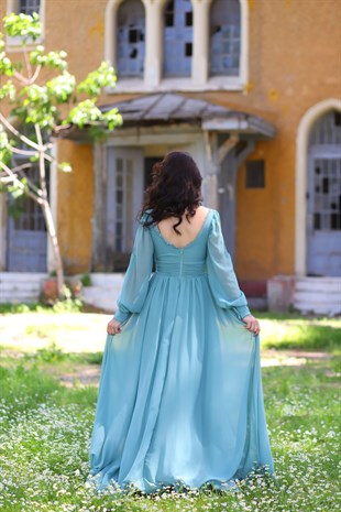 Kadın V Yaka Uzun Kol Şifon Abiye Elbise
