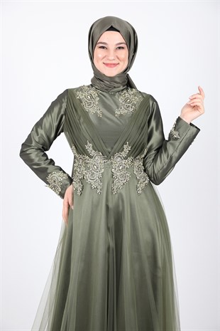Kadın Yeşil Saten Doku Hayal Tül Detaylı Tesettür Abiye Elbise