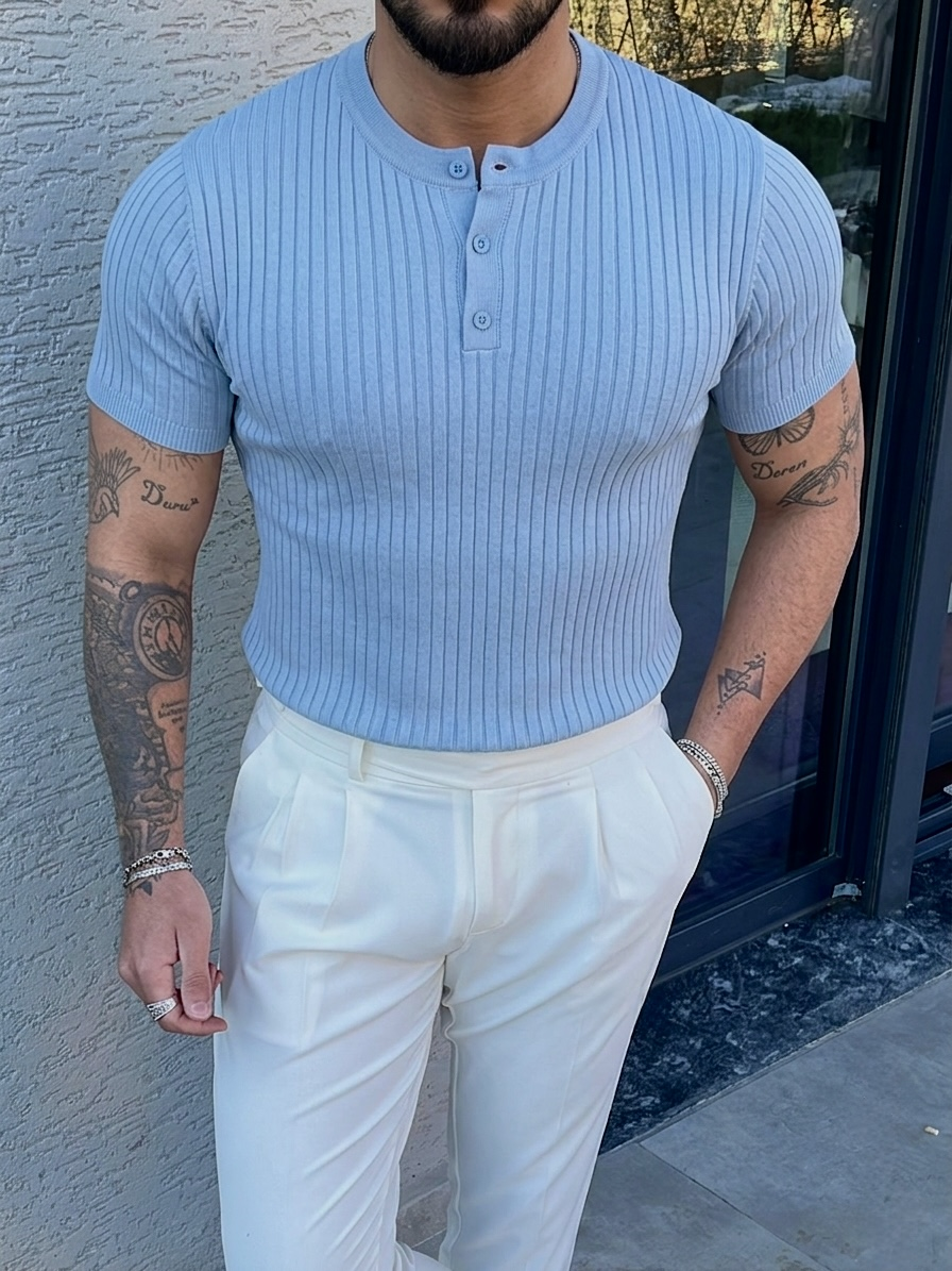 %100 Cotton Dik Çizgili Hakim Yaka Relaxed Triko Tshirt Bebe Mavisi