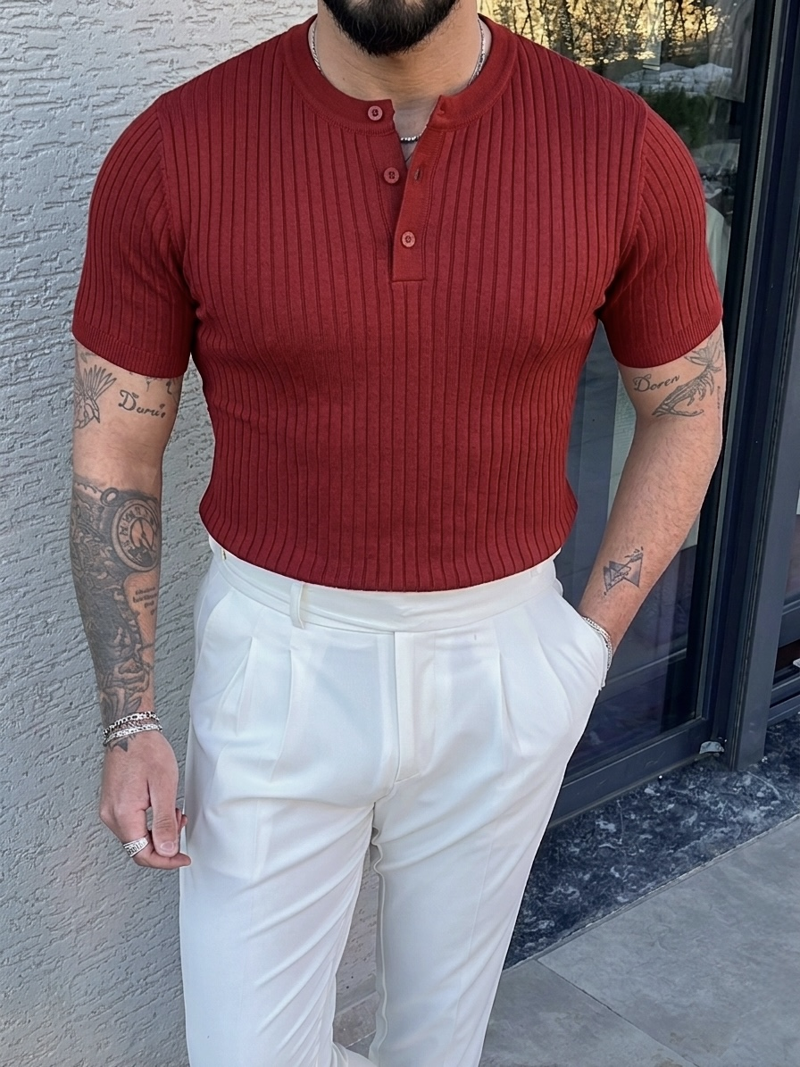 %100 Cotton Dik Çizgili Hakim Yaka Relaxed Triko Tshirt Bordo