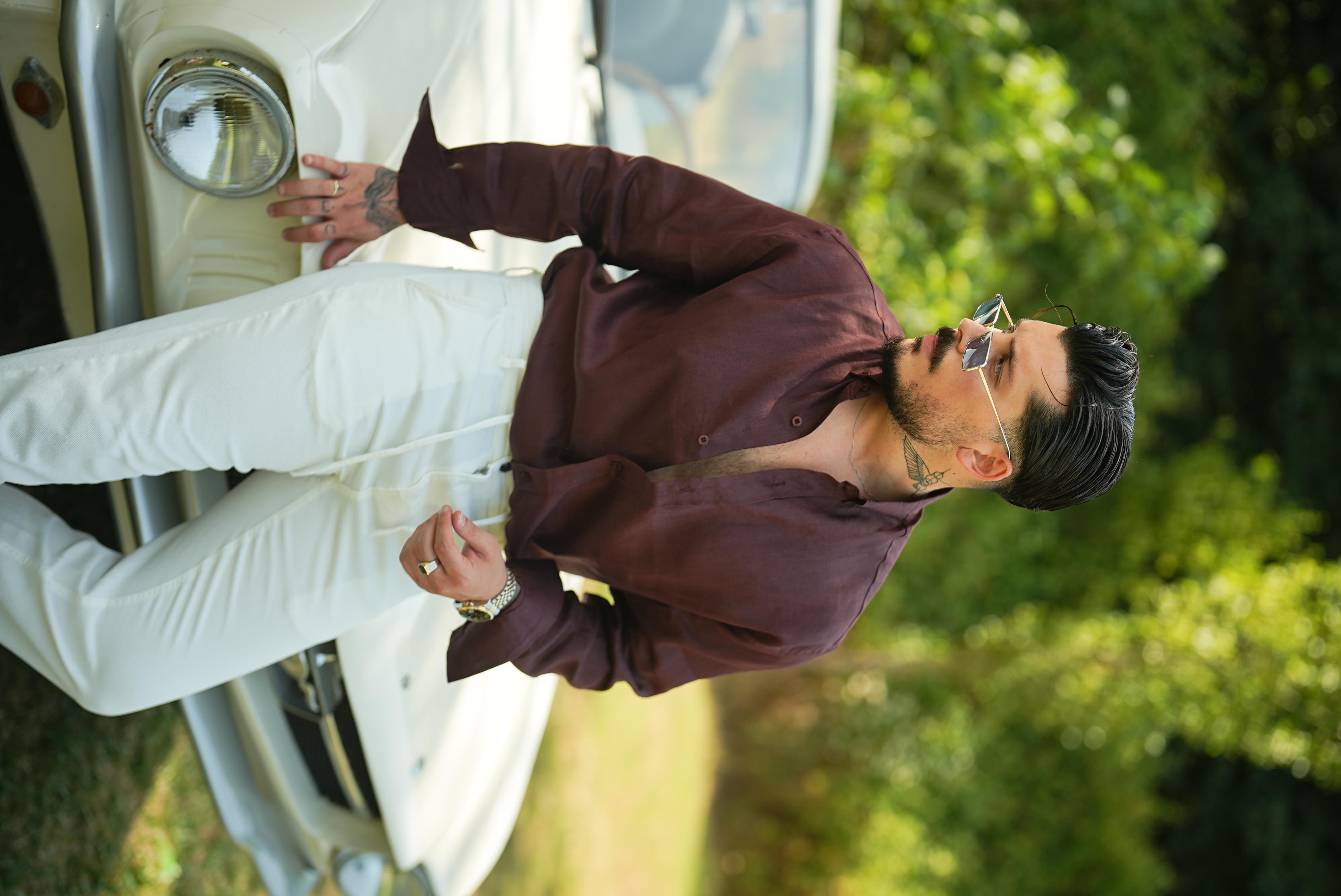 %100 Linen Oversize Gömlek Bordo