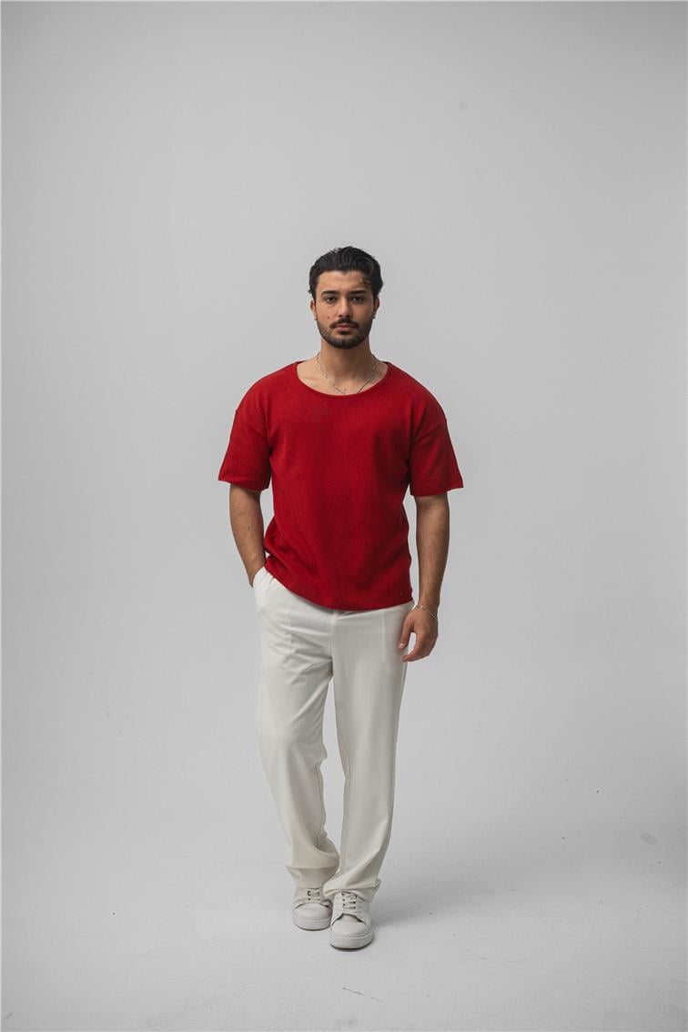 Açık Yaka Oversize T-Shirt Kırmızı
