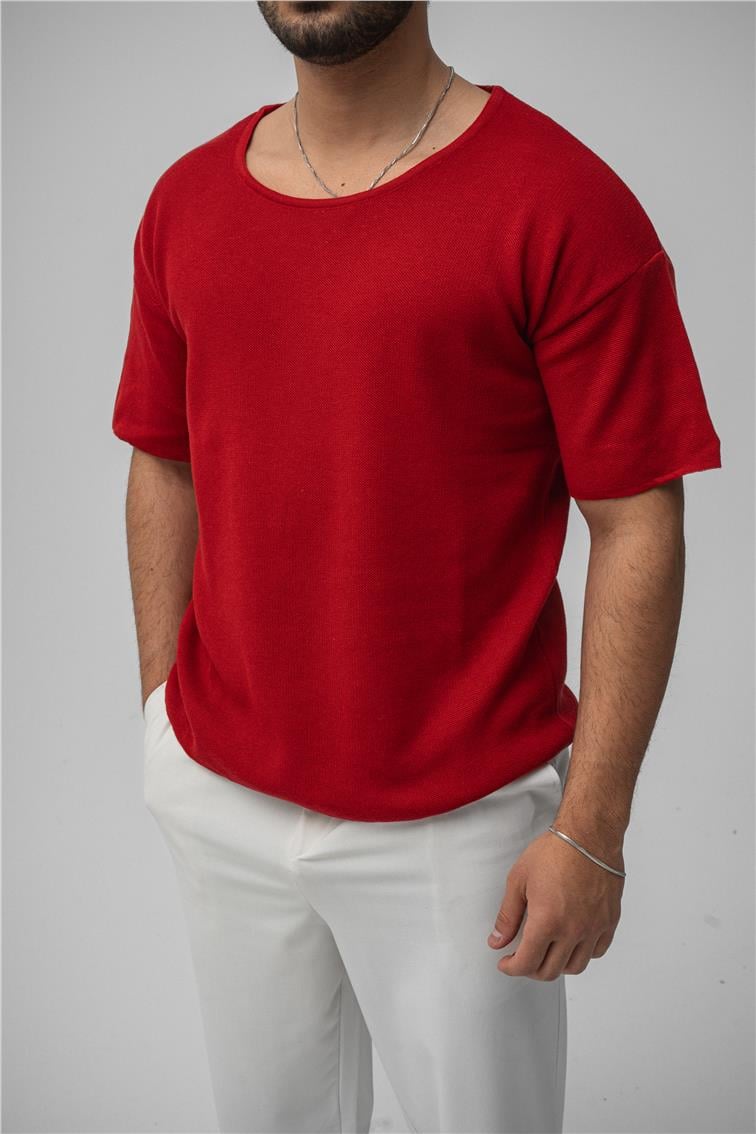 Açık Yaka Oversize T-Shirt Kırmızı