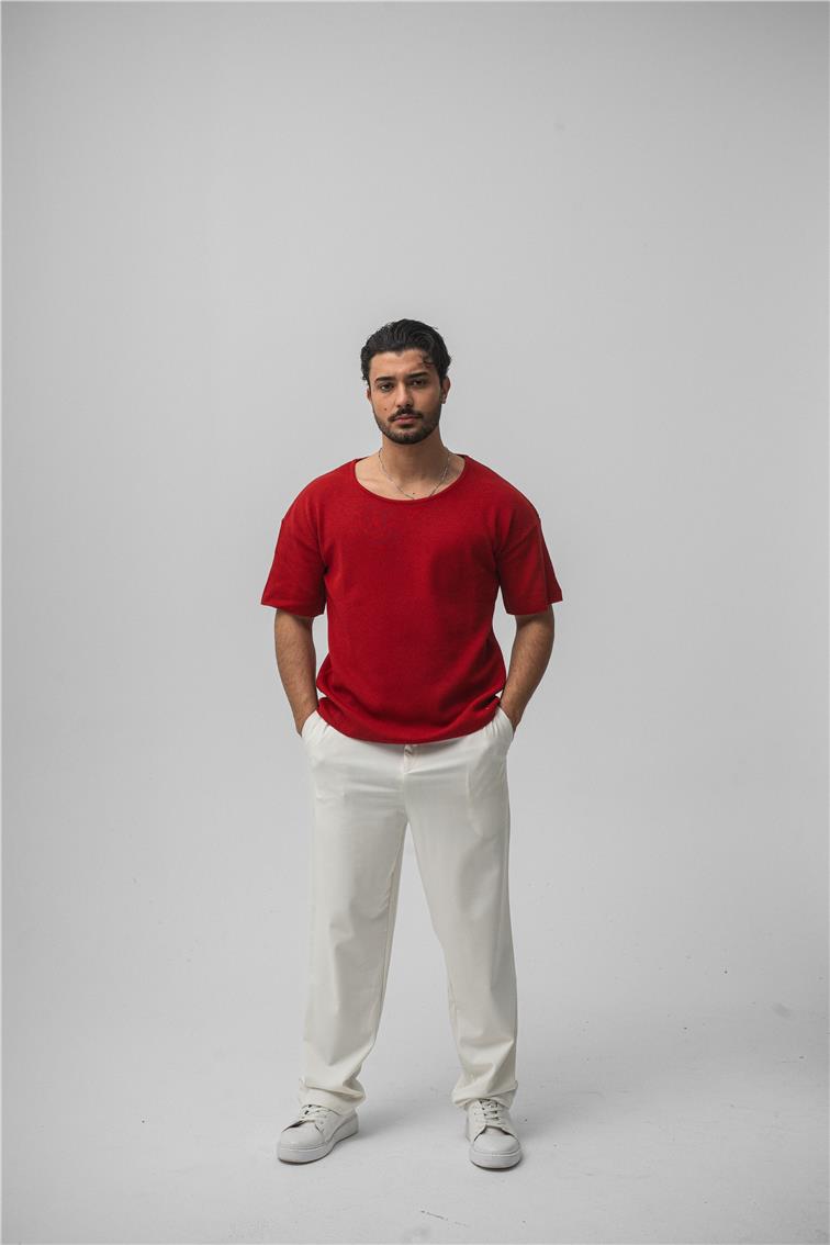 Açık Yaka Oversize T-Shirt Kırmızı