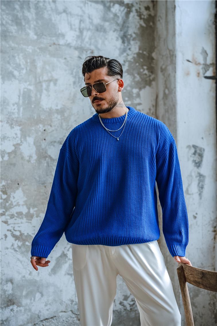 Ajurlu Dolgun  Dokulu  Oversize Kazak Koyu Mavi