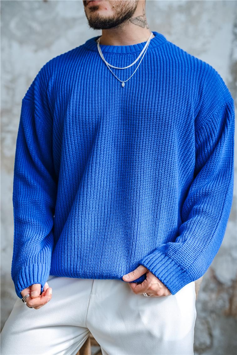 Ajurlu Dolgun  Dokulu  Oversize Kazak Koyu Mavi