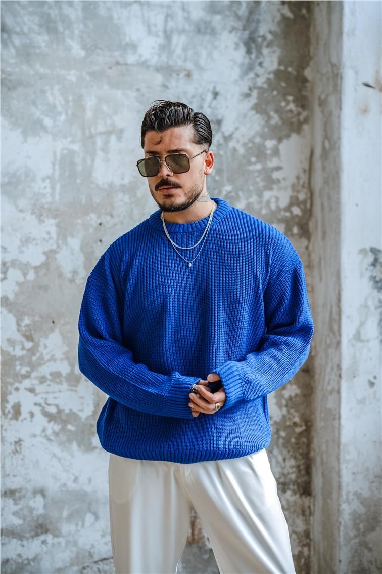 Ajurlu Dolgun  Dokulu  Oversize Kazak Koyu Mavi