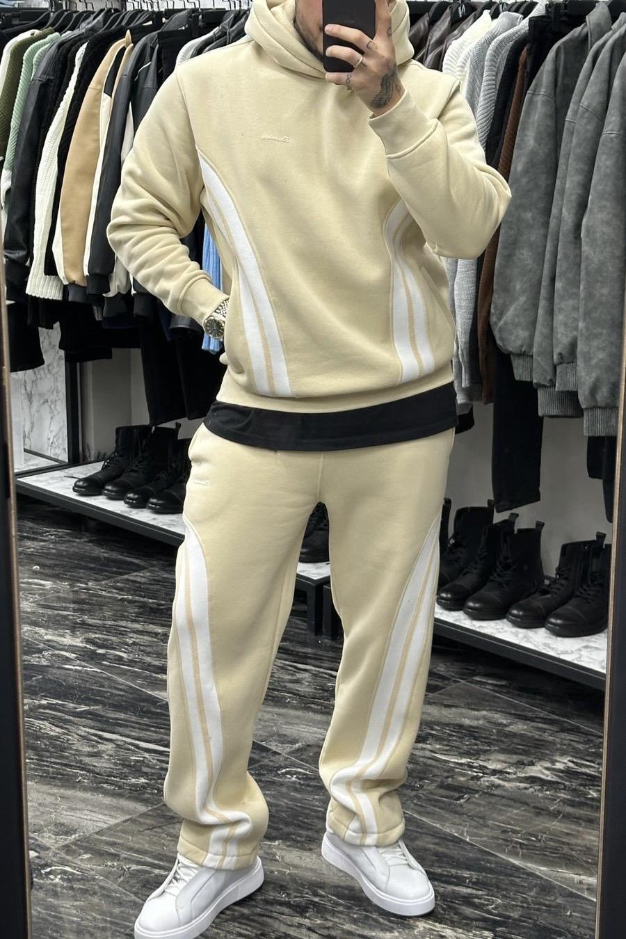 Akış Çizgili Kapşonlu Şardonlu Takım Krem