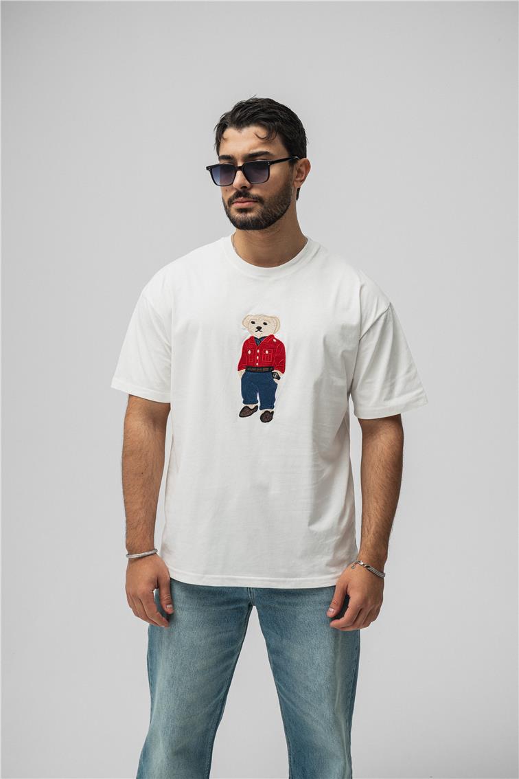Ayı Baskılı Oversize T-Shirt Beyaz
