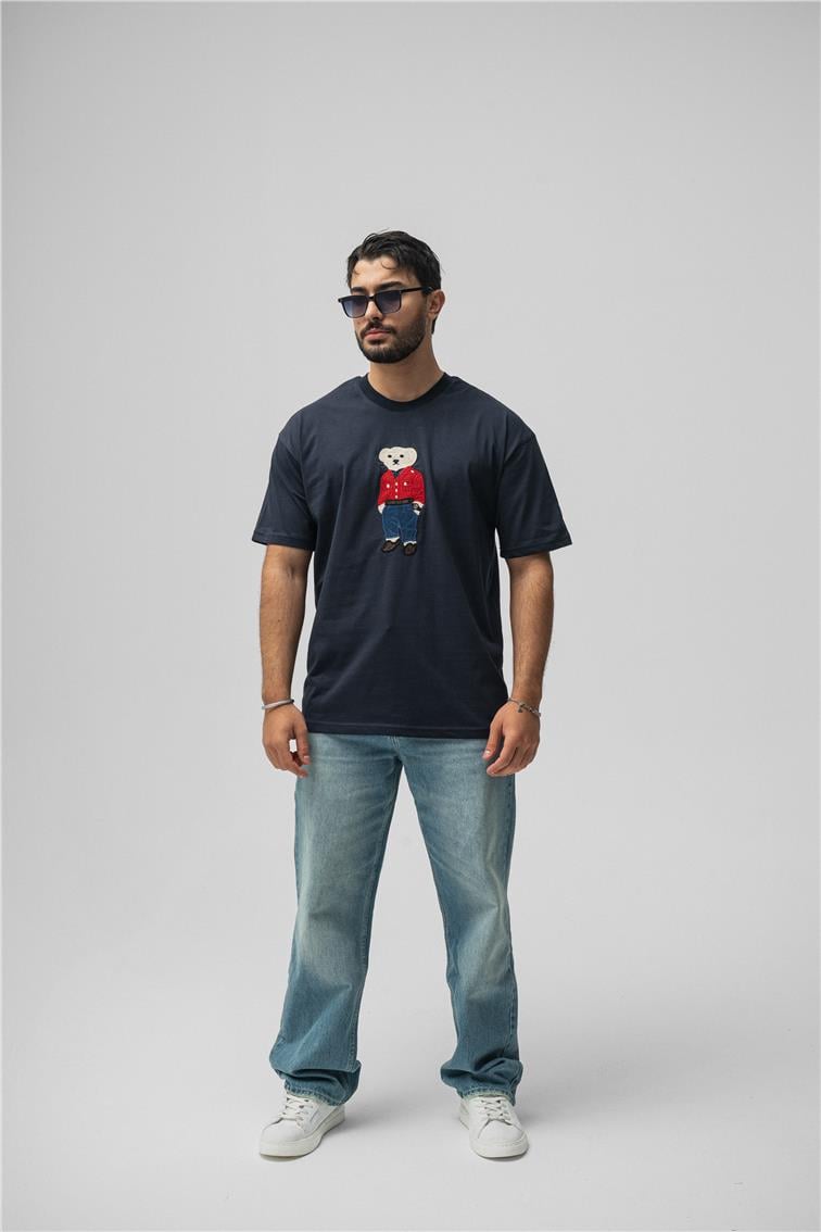 Ayı Baskılı Oversize T-Shirt Lacivert