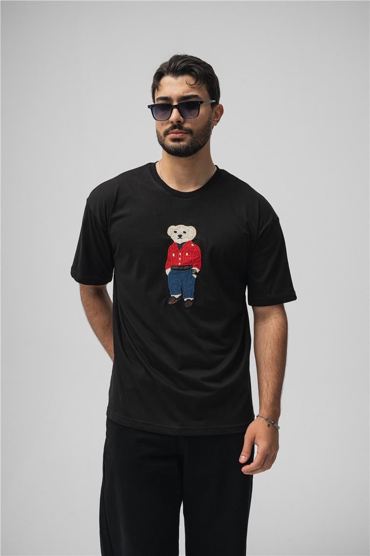 Ayı Baskılı Oversize T-Shirt Siyah