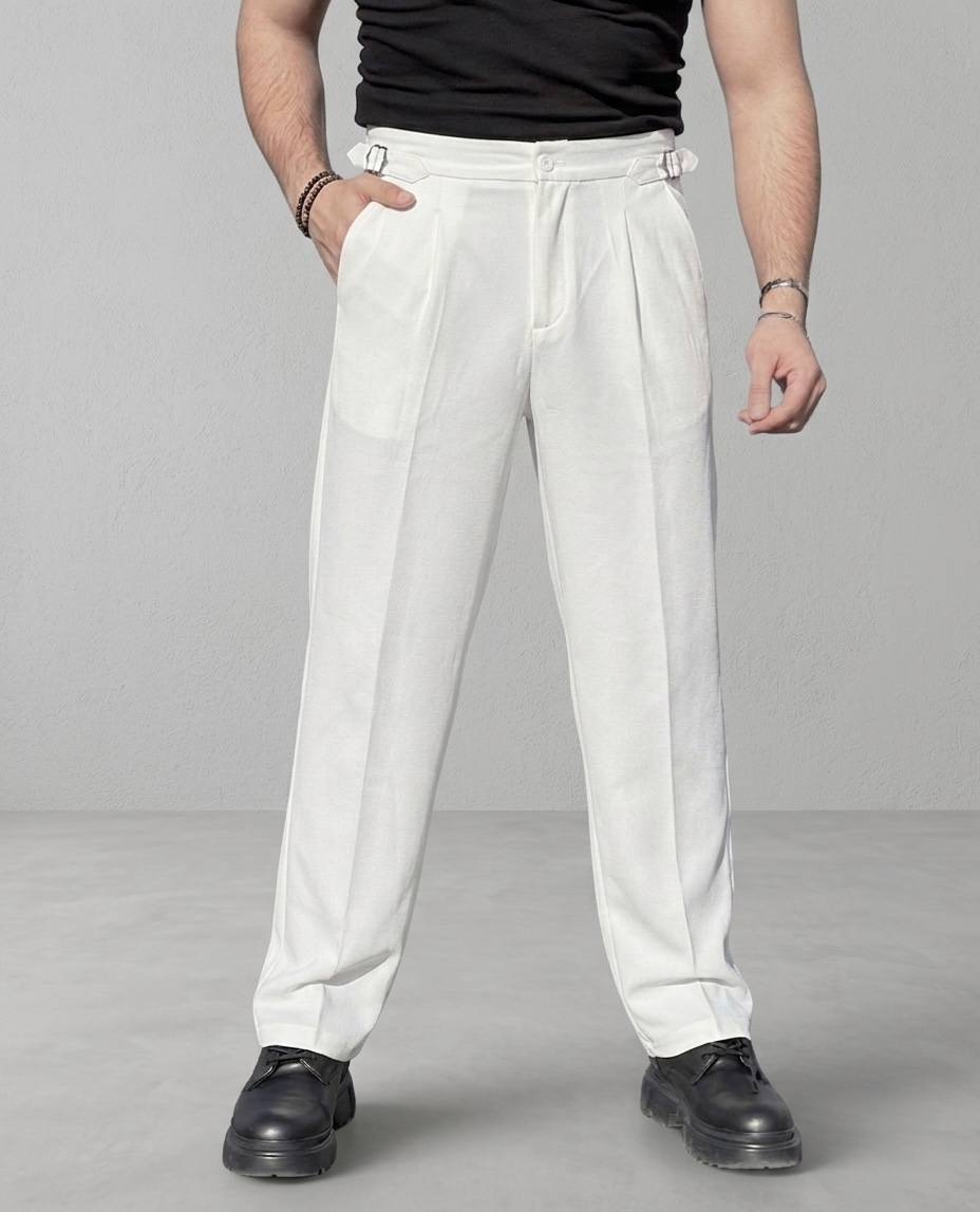 Baggy Kendinden Kemerli Kumaş Pantolon Beyaz