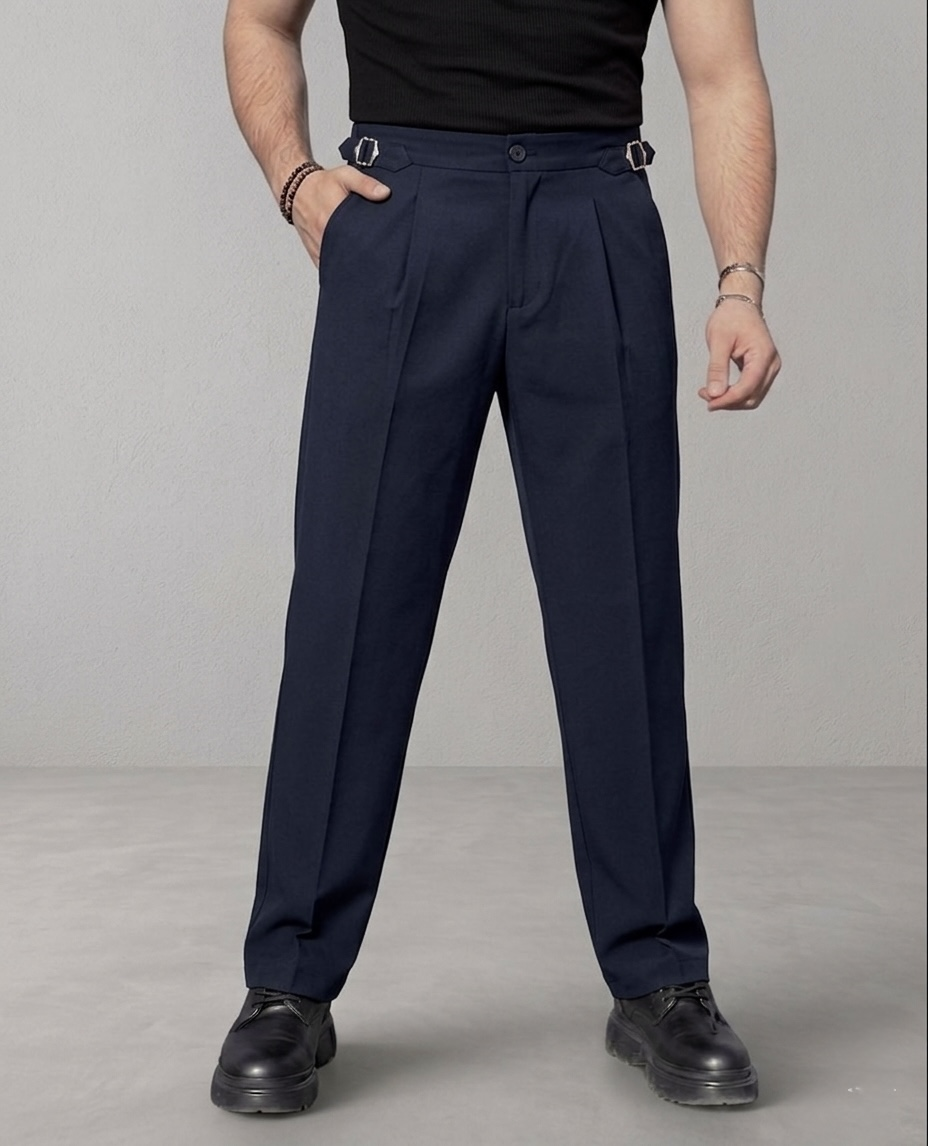 Baggy Kendinden Kemerli Kumaş Pantolon Lacivert