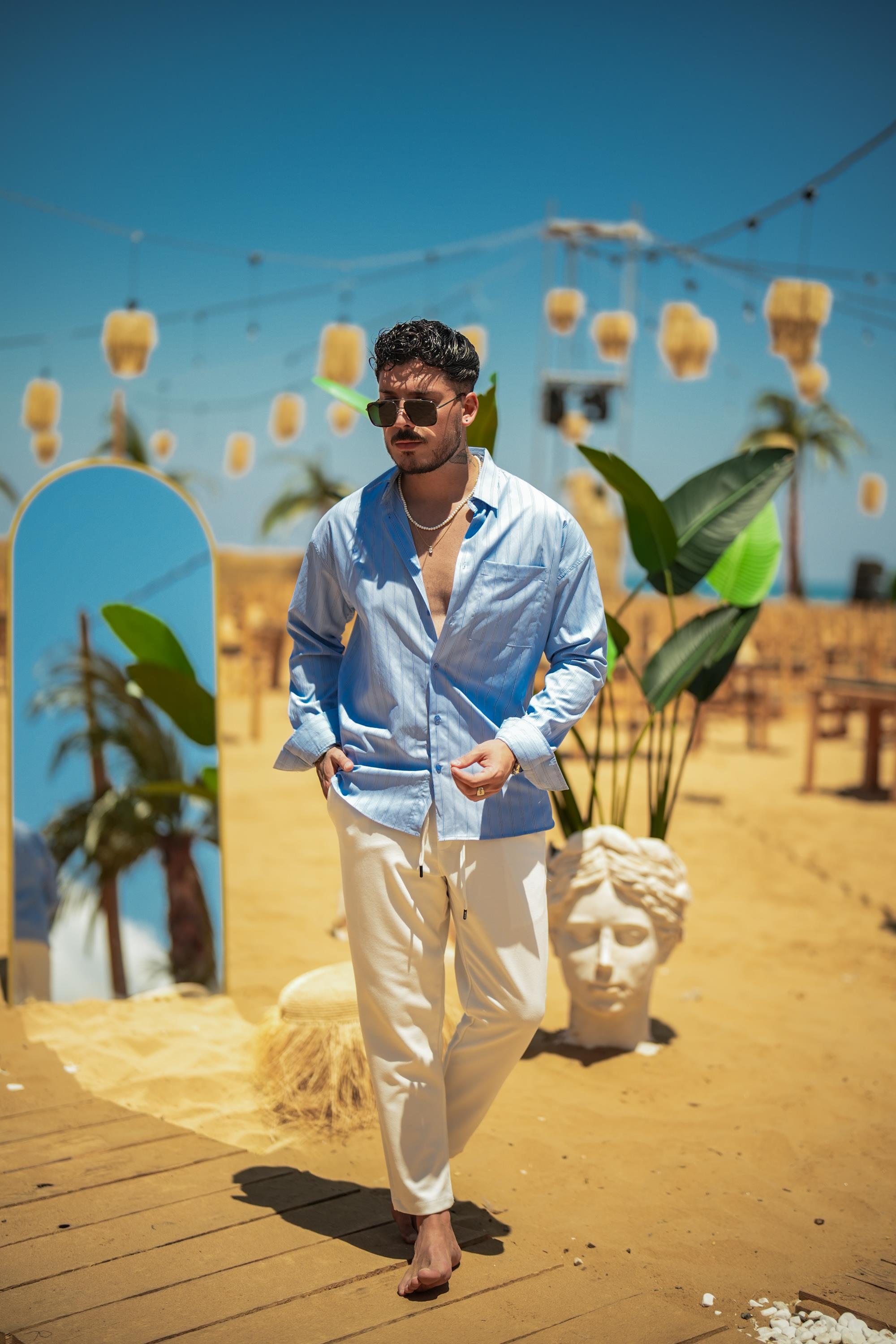 Basic Çizgili Oversize Gömlek Koyu Mavi