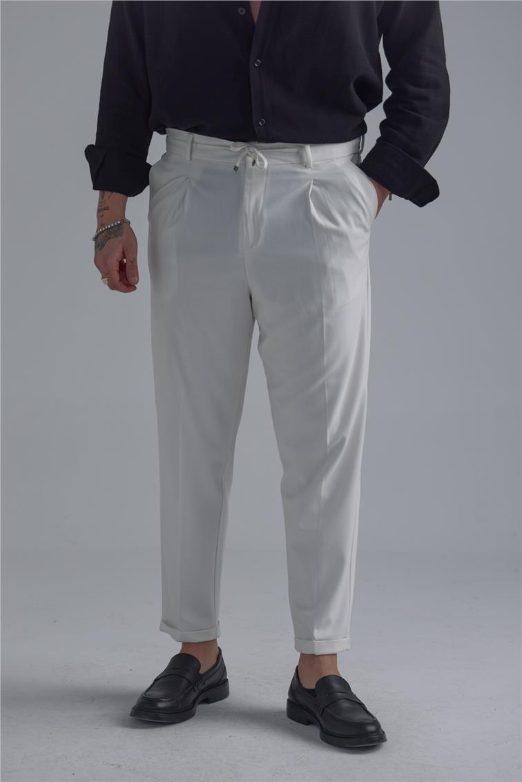 Bel Bağlamalı İtalyan Kesim Pantolon Beyaz