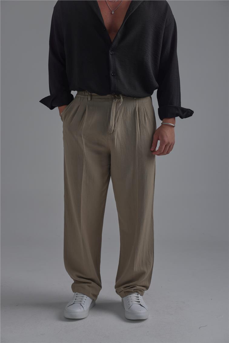 Bel Bağlamalı Keten Baggy Açık Haki