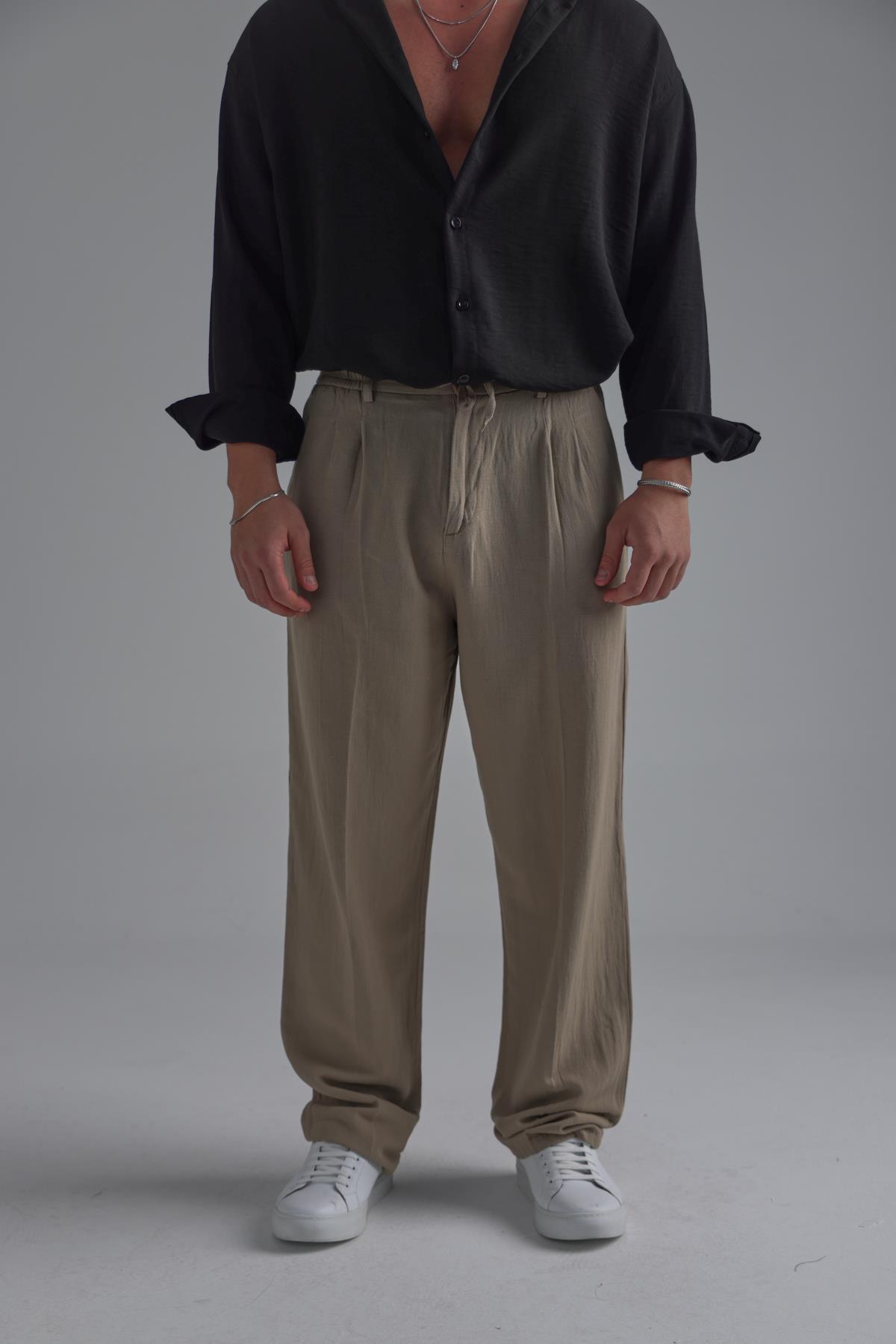 Bel Bağlamalı Keten Baggy Açık Haki